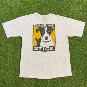 Vintage Throw the Stick T Shirt Tee High Cotton Inc Made USA Größe L Welpe Hunderasse 1990er 90er Jahre Haustier