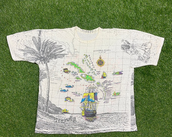 Vintage Caribbean Sea Islands T Shirt Tee Size Xtra Large XL Beautiful Island Beach VTG 80s 90s All Over Print 1990s