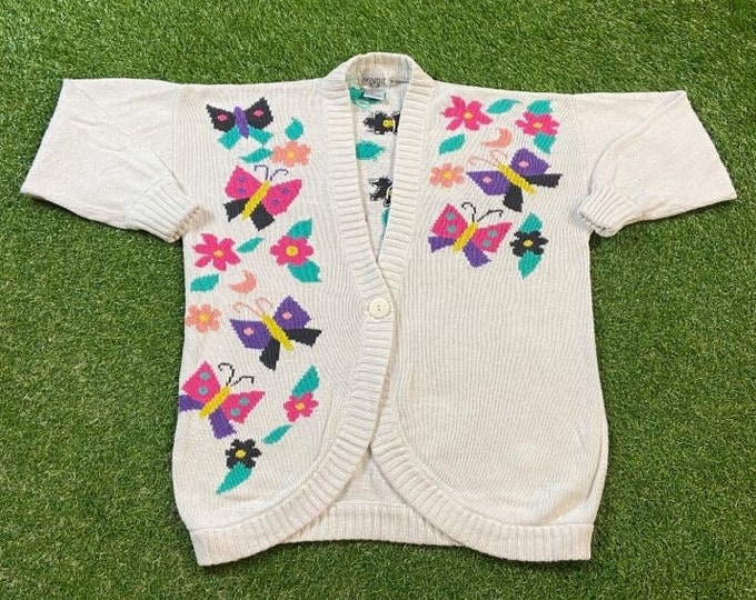 Vintage Butterflies Knit Cardigan Sweater Cervelle Size Xtra Large XL Flowers Gardening Love Bees Caterpillars Floral Nature Plants 1990s