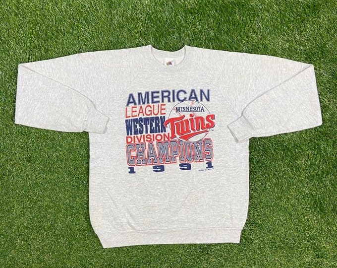 Vintage Minnesota Twins 1991 AL Western Division Champions Crewneck Sweatshirt Fruit of the Loom Made USA Size Large MLB Baseball Pull Over