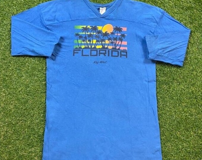 Vintage Key West Half Sleeve T Shirt Tee Venus Athletic Uniforms Made USA Size Large L Tropical Florida Beach 1990s Tourist Travel All Over