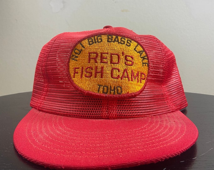 Vintage Red's Fish Camp Snapback Hat Outdoor Cap Size Small Lake Toho Fishing Hunting Nature Bass Pro Shop 1970s 70s