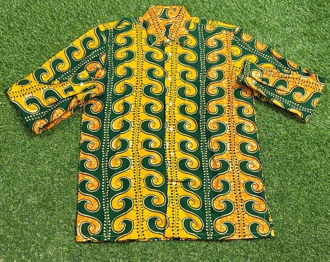 Vintage Artsy Button Down Shirt Size Large L Cool Pattern Wacky Fun Art Original Classic Party Festival Pop 1970s 70s
