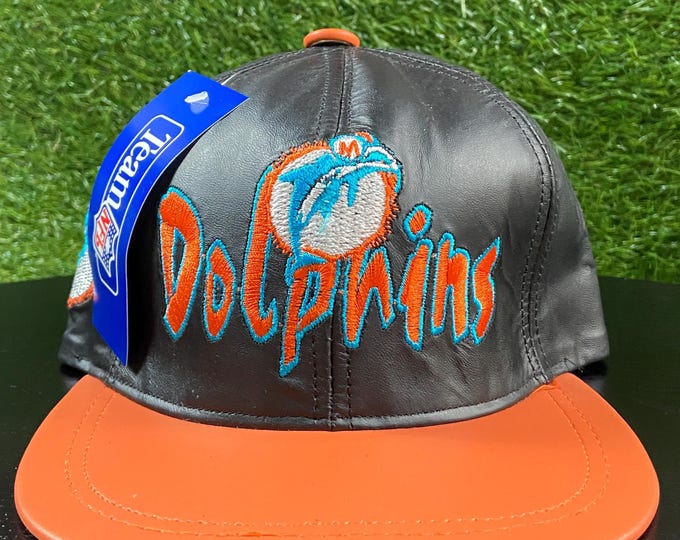 Vintage Miami Dolphins Strap Back Hat OSFA NFL Football Florida 1990s 90s Genuine Leather Brand New with Tags