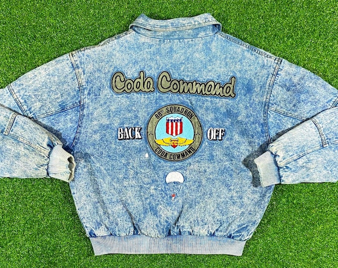 Vintage 88th Squadron Denim Button Up Jean Jacket Small Clothing Coda Command 1990's 90's Rare Quality Fit Blue Acid Wash Air Force Army