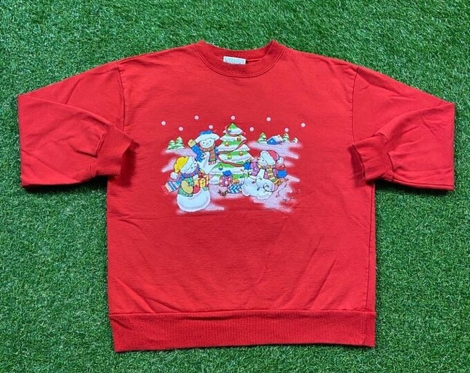 Ugly Christmas Sweater Vintage Tacky Holiday Party Merry Santa Claus Classic Christmas Tree Size Large L Xmas 90s 80s Snowmen