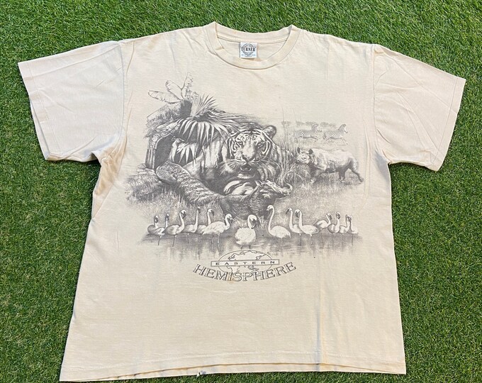 Vintage Eastern Hemisphere T Shirt Tee Turner Originals Made USA Size XXL 2XL Zebra Rhino Tigers Animals Jungle Safari 1990s 90s All Over