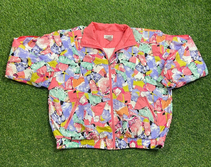 Vintage Graphic Windbreaker Zip Up Jacket Lavon Size Medium M Multicolor Streetwear Sport Active Wear Classic Light Rain Coat 1990s