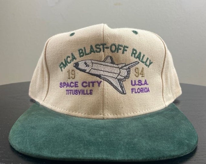 Vintage FMCA Blast Off Rally Snapback Hat Cap OSFA Space City Titusville Florida NASA Kennedy Space Center 1980s 80s Spaceship Suede Astro