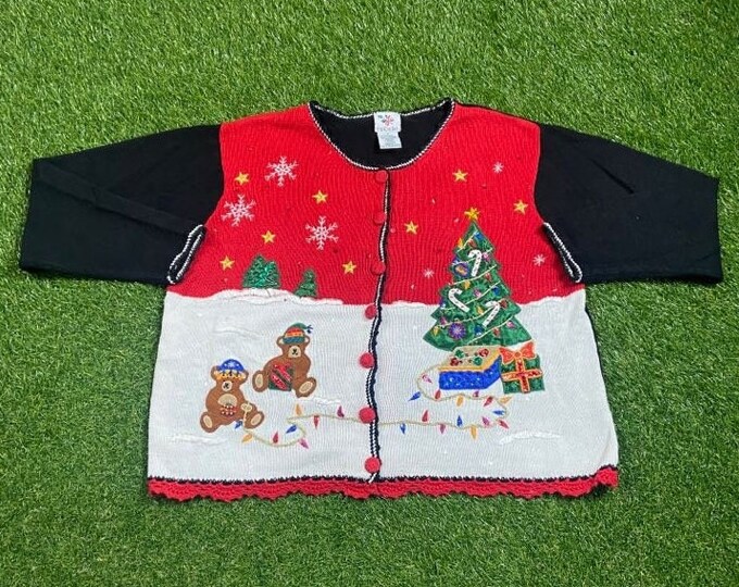 Ugly Christmas Knit Cardigan Sweater Vintage Tacky Holiday Party Merry Santa Classic Size XL Xmas 90s 80s Knit Classic Christmas Bears Tree