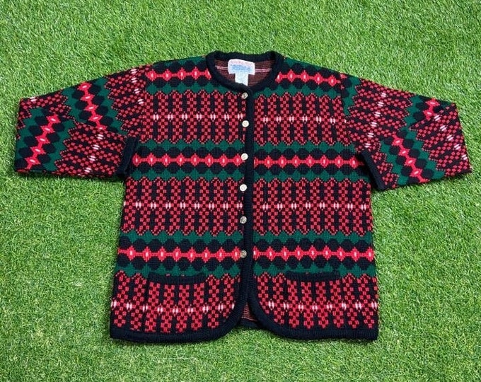 Vintage Floral Knitted Cardigan Sweater Size Medium M Flower Quality Comfortable Fit 1990s Original Fall Winter Warm Cozy 90s