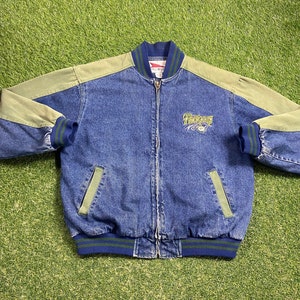 Vintage Green Bay Packers Jean Jacket Pro Elite Size Large L NFL Football Cheese Heads Wisconsin Brett Favre Lambeau Field Winter Coat 1990s