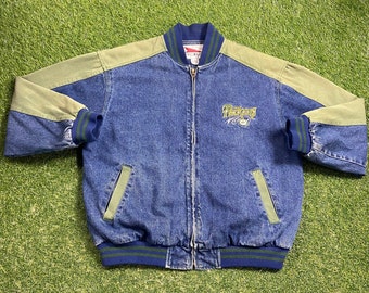 Vintage Green Bay Packers Jean Jacket Pro Elite Size Large L NFL Football Cheese Heads Wisconsin Brett Favre Lambeau Field Winter Coat 1990s