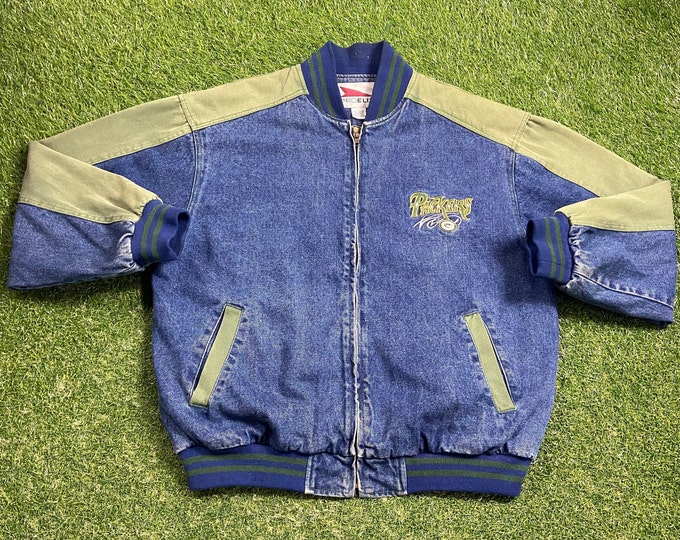 Vintage Green Bay Packers Jean Jacket Pro Elite Size Large L NFL Football Cheese Heads Wisconsin Brett Favre Lambeau Field Winter Coat 1990s