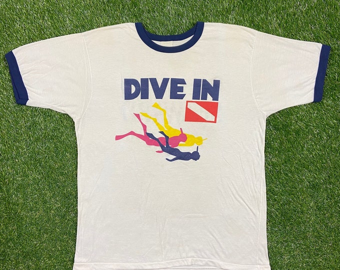 Vintage Dive In T Shirt Tee Size Large L Seaward Swimming Michael Phelps 1980s 80s Bluthe Ringer