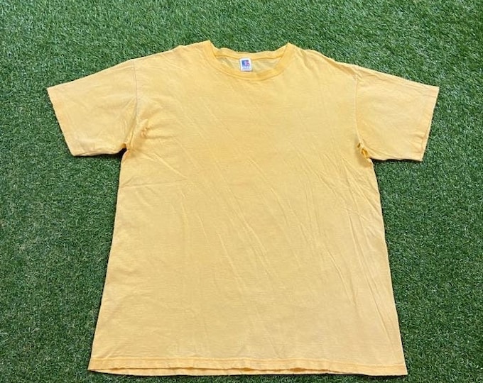 Vintage Plain Yellow  Russell Athletic T Shirt Tee Made USA Size Xtra Large XL Quality 1990's Great Fit Original 90s