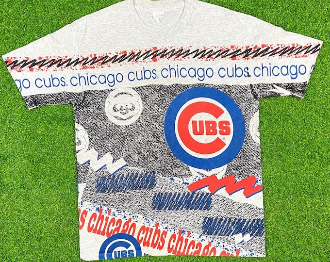 Vintage Chicago Cubs All Over Print T Shirt Tees Majestic Large Made USA 90s MLB 1990s VTG Front & Back Aop