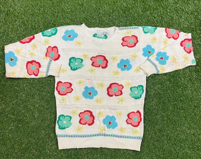 Vintage Flower Knitted Crewneck Sweater LL Sport Size Medium M Pull Over Quality Comfortable Fit 1980s Original Fall Winter Warm Cozy Loud