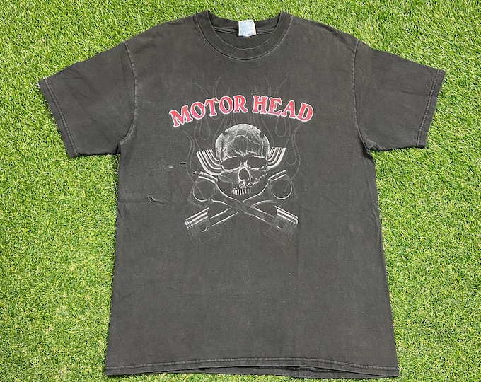 Vintage Motor Head T Shirt Tee Hanes Made USA Size Large L Harley Davidson HOG 3D Motorcycle Truckers Biker 1990s 90s