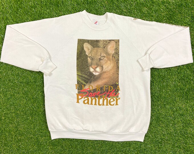 Vintage Florida Save the Panthers Crewneck Sweatshirt Jerzees Made USA Size Xtra Large XL Animal Habitat Environmental Pull Over