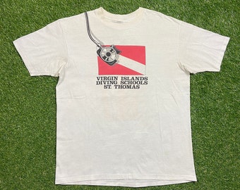 Vintage Virgin Islands Diving Schools T Shirt Tee Size Large L St Thomas Scuba Diving West Indies British Caribbean Island Beach 1990s 90s