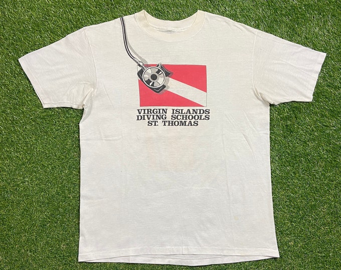 Vintage Virgin Islands Diving Schools T Shirt Tee Size Large L St Thomas Scuba Diving West Indies British Caribbean Island Beach 1990s 90s