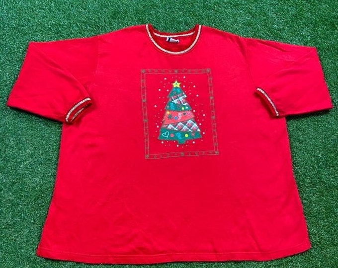 Ugly Christmas Sweater Vintage Tacky Holiday Party Merry Santa Claus Seasons Greetings Size 3X Classic Xmas Tree 90s Pull Over Oversized