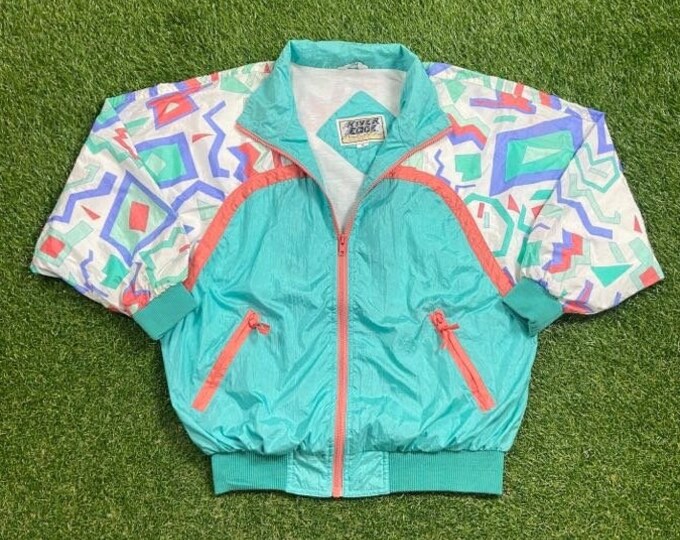 Vintage Graphic Windbreaker Zip Up Jacket River Edge Size Small S Multicolor Streetwear Sport Active Wear Classic Light Rain Coat 1990s