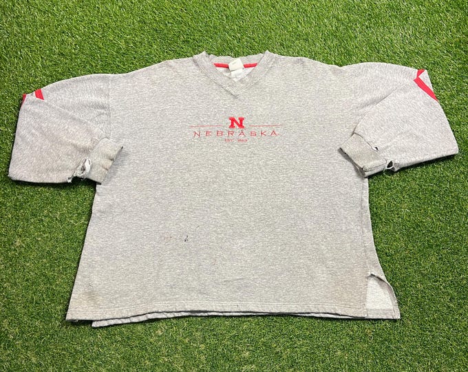 Vintage University of Nebraska Cornhuskers V Neck Sweatshirt Size Xtra Large XL NCCA College Football 1990s 90s Pull Over Oversized