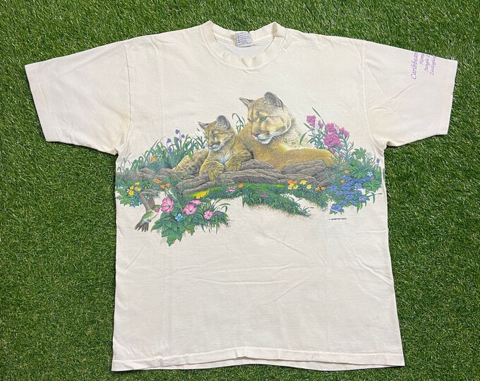 Vintage Mountain Lion T Shirt Tee Cal Cru Made USA Size Xtra Large XL Caribbean Gardens Zoological Park Animal Planet Rare 1990s 90s