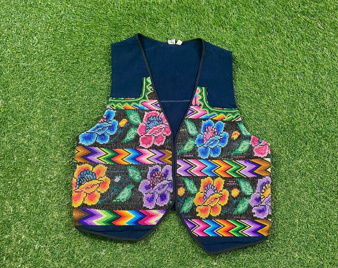 Vintage Floral Vest Size Large L Flowers Morning Sun Bees Caterpillars Butterflies Nature Plants 1990s 90s Handmade