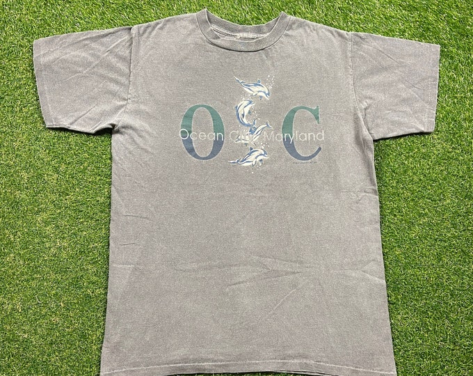 Vintage Ocean City Maryland T Shirt Tee Size Xtra Large XL Boardwalk Beach Planet DMV Ocean Animals Habitat All Over Print 1990s 90s