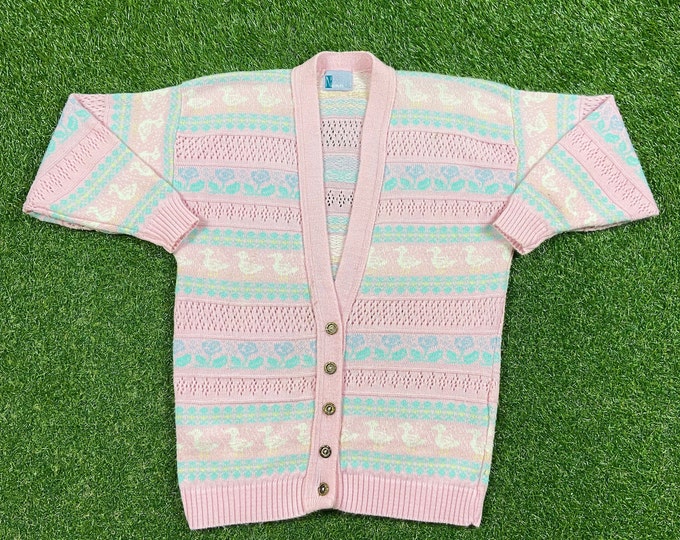 Vintage Pink Cardigan Sweater Neddles Up Size Medium M 1980s 80s Comfy Button Down Cute Glitter