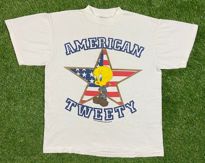 Vintage American Tweety Bird T Shirt Tee Tultex Size Large L Looney Tunes Warner Bros Cartoon Bugs Bunny Taz 1990s 90s Space Jam