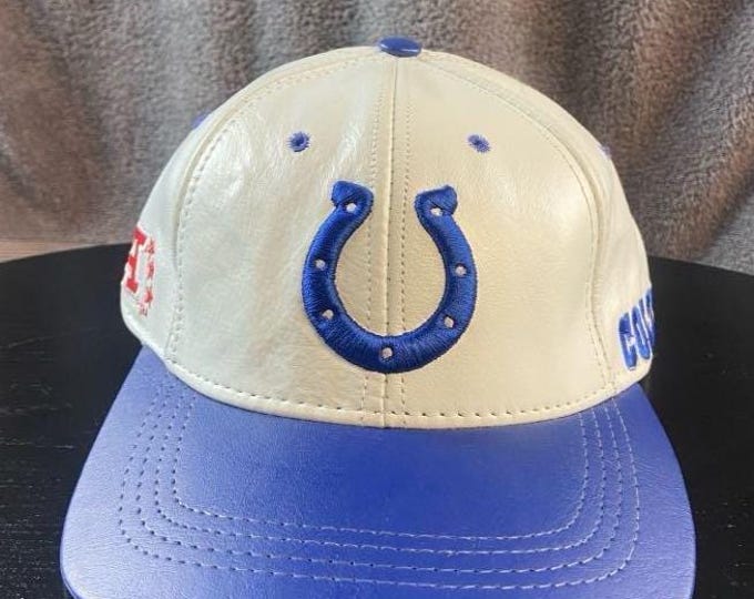 Vintage Indianapolis Colts Leather Strap Back Hat Made Usa OSFA NFL Football Indiana Peyton Manning 1990s 90s