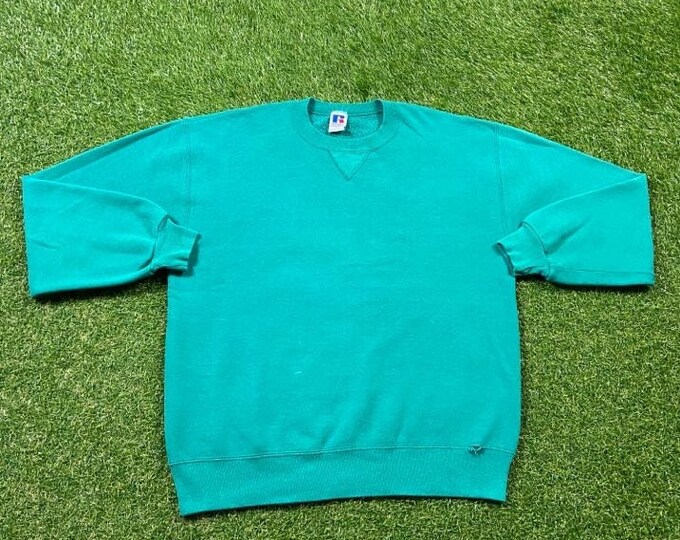 Vintage Plain Green Crewneck Sweatshirt Russell Athletic Made USA Size Large Quality 1990's Oversized Comfy Great Fit Original 90s Pull Over