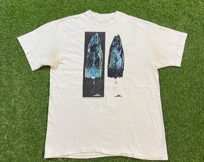 Vintage Fishsicle T Shirt Tee Hanes Made USA Size Large L Bass Pro Shops Fishing Apparel Accessories Hunting Nature 1990s 90s Abstract Art