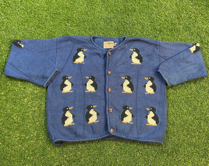 Vintage Penguins Blue Cardigan Sweater Rey Wear Size Large L 1980s 80s Comfy Button Down Warm