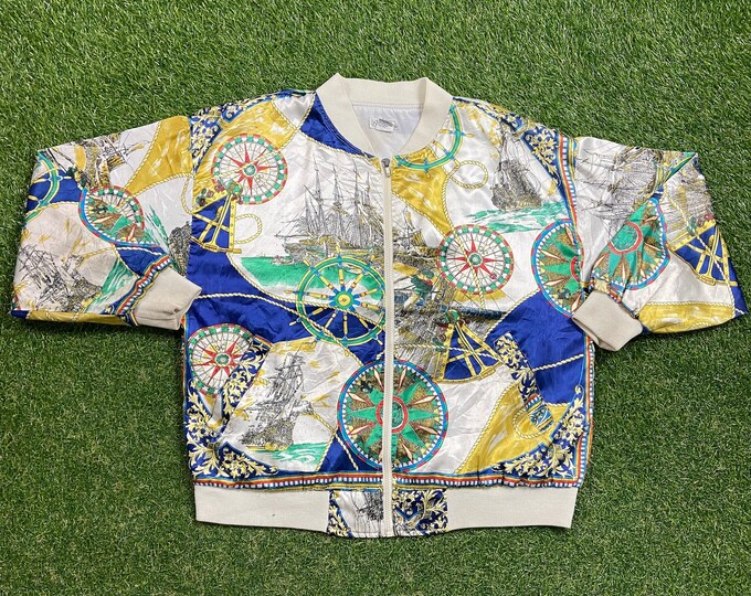 Vintage Multicolor Bomber Jacket Size Large L Classic Coat Art 1990s 90s Colorful Crazy Fun Silk Fun Festival Party