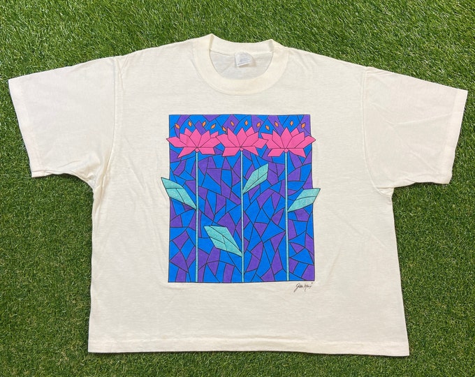 Vintage Flowers Crop Top Shirt Tee Made USA Size Large L Bees Caterpillars Butterflies Nature Plants 1990s 90s