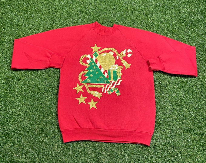 Ugly Christmas Sweater Sweatshirt Ornaments Vintage Tacky Holiday Party Merry Santa Claus Classic Xmas Tree Size Large L 80s 90s
