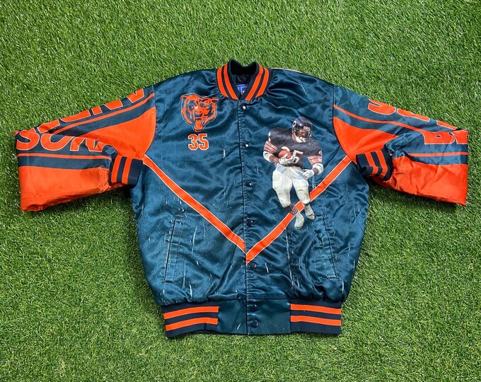 Vintage Chicago Bears Satin Bomber Jacket Star Line Size Medium M NFL Football Neal Anderson Illinois Varsity 1980s 80s