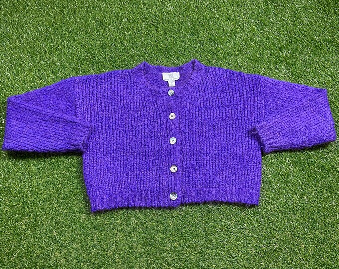 Vintage Purple Knit Cardigan Sweater Spoiled Girls Size Large L Classic Button Down Sweater Cozy Very Warm 1980s 80s