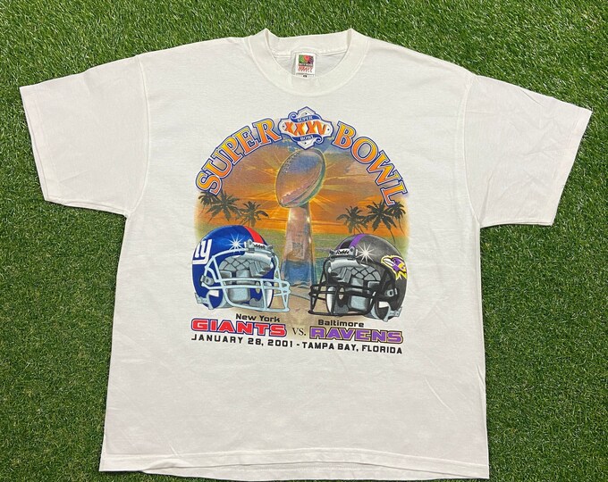 Vintage New York Giants Vs Baltimore Ravens Super Bowl XXXV T Shirt Tee Size Xtra Large XL Tiki Barber Ray Lewis NFL Football Big Blue Ny