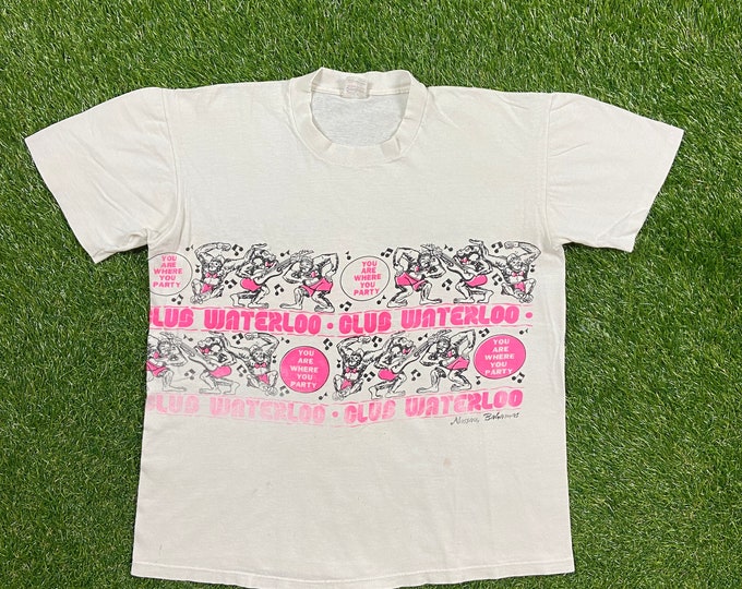 Vintage Club Waterloo T Shirt Tee Stedman Made USA Size Large L Bahamas Caribbean Island Palm Trees 1980s 80s