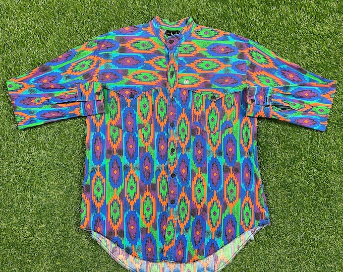 Vintage Wacky Fun Art Button Down Shirt The Look Made USA Size Large L Original Classic Party Festival Pop Casual 1980s 80s Western Neon