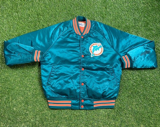 Vintage Miami Dolphins Satin Snap Jacket Bomber Chalk Line Made USA Size Medium Varsity Silk Letterman Marino NFL Football Florida 1990s 90s