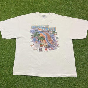 May include: White t-shirt featuring a colorful graphic of the Florida map with the text "Grapefruit League". The graphic includes palm trees and baseball team logos. The shirt is laid out on a green surface.