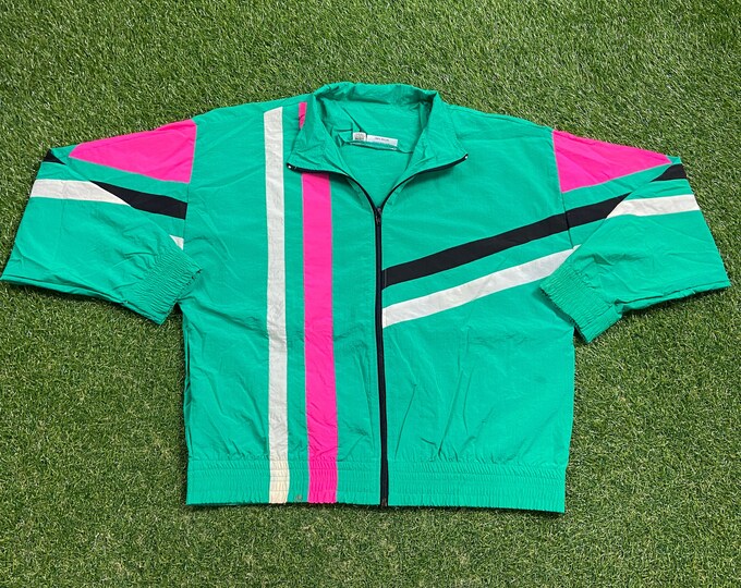 Vintage Graphic Windbreaker Zip Up Jacket Michele Palmer Size Large L Multicolor Streetwear Sport Active Wear Classic Light Rain Coat 1990s