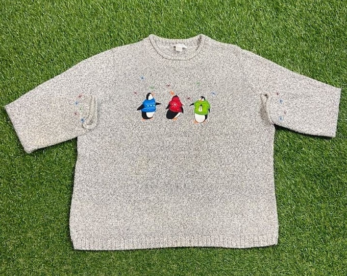 Ugly Christmas Knit Sweater Penguins Vintage Tacky Holiday Party Merry Santa Claus Classic 90s Xmas Tree Snowmen Size XL Pull Over